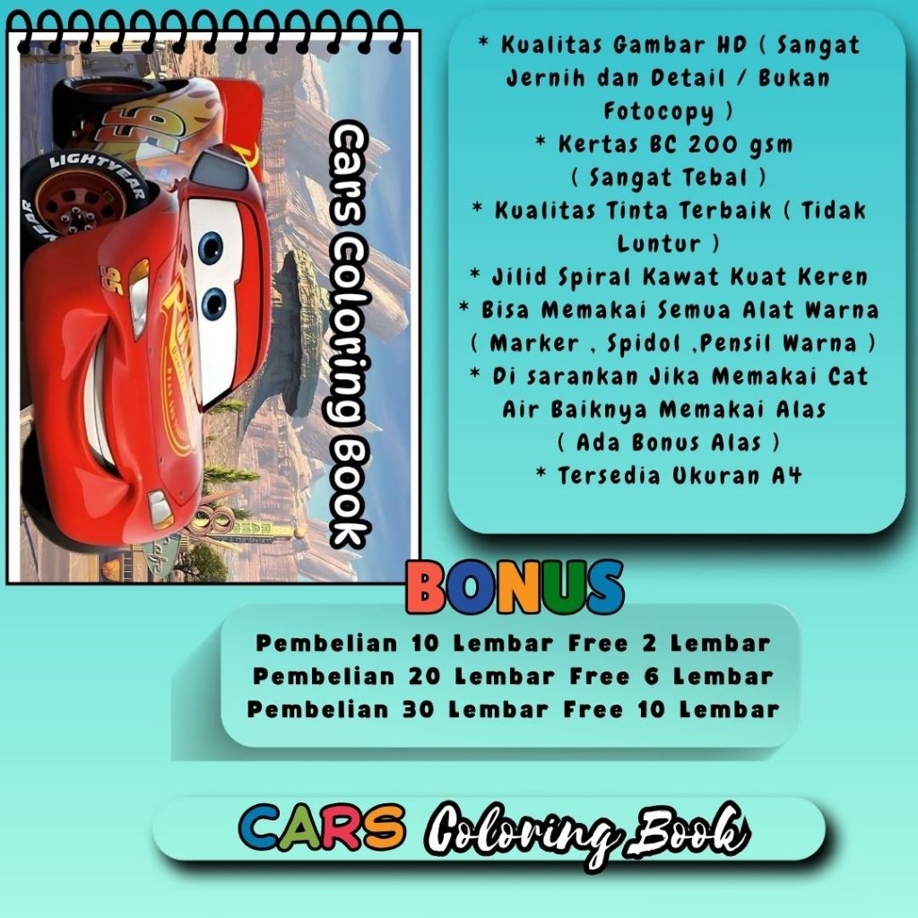 

Cars Coloring Book Buku Mewarnai Super Keren Tema Bagus Kualitas Gambar HD Jernih Kertas 200 gsm Sangat Tebal Jilid Spiral Kawat Kuat