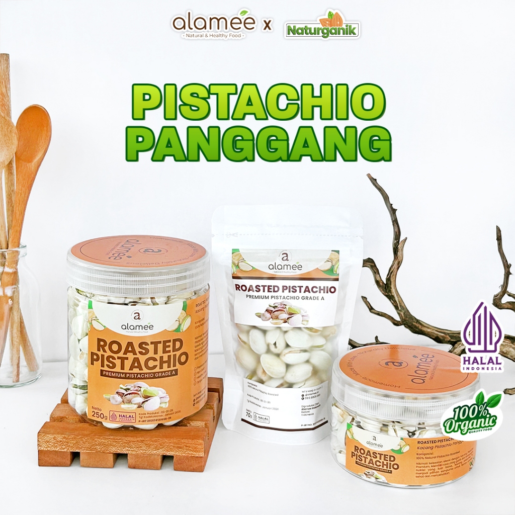 

ALAMEE Pistachio Kacang Pistacio Panggang Fustuk Roasted Dalam Cangkang Renyah Organik Naturganik