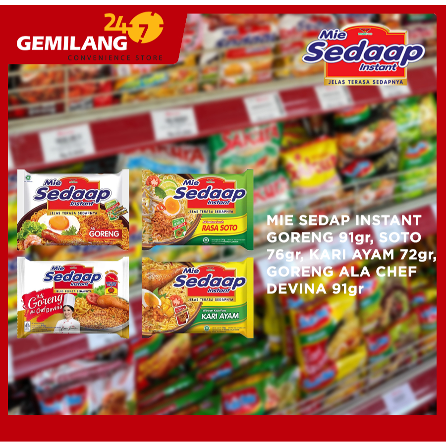 

MIE SEDAP INSTANT GORENG 91gr, SOTO 76gr, KARI AYAM 72gr, GORENG ALA CHEF DEVINA 91gr
