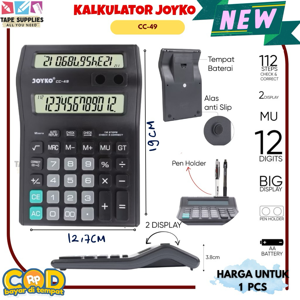 

(UNTUK DAGANG DAN BISNIS) Bisa Lihat Dua Sisi Kalkulator Joyko CC‑49 12 Digit Dual Power 2‑Display & Fitur Lengkap