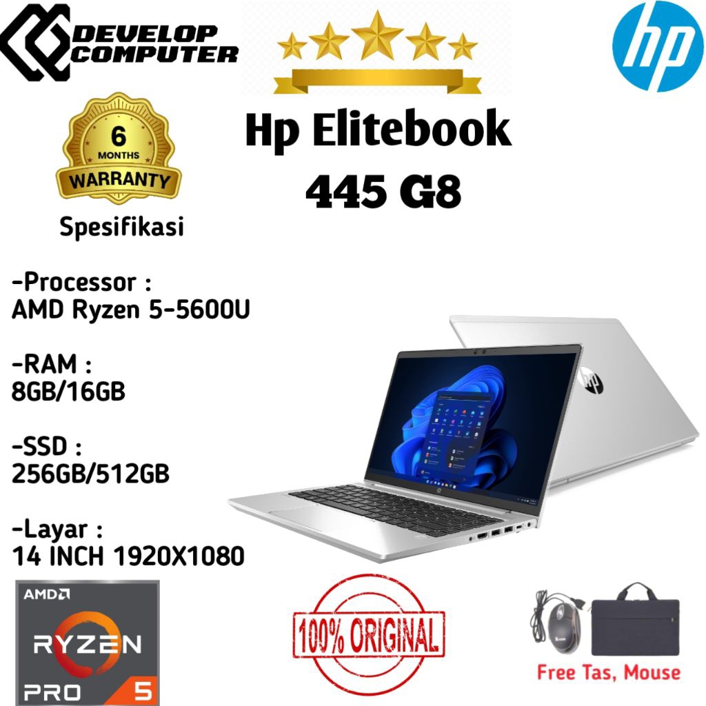 laptop hp elitebook 445 G8 AMD Ryzen 5 Pro 5600U Ram 16GB MULUS BERGARANSI