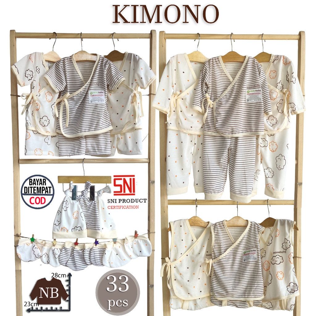 Paket 33 pcs Set Lengkap Baju Bayi Kimono Tali Setelan Outfit Baby OOTD SNI Topi Sarung Tangan Kaki 