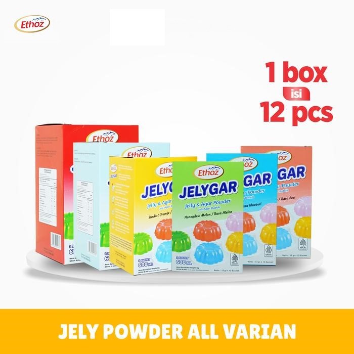 

Ethoz JELYGAR Jelly Agar Powder 12gr BOX isi 12 pcs - Bubuk Tepung Agar Jeli