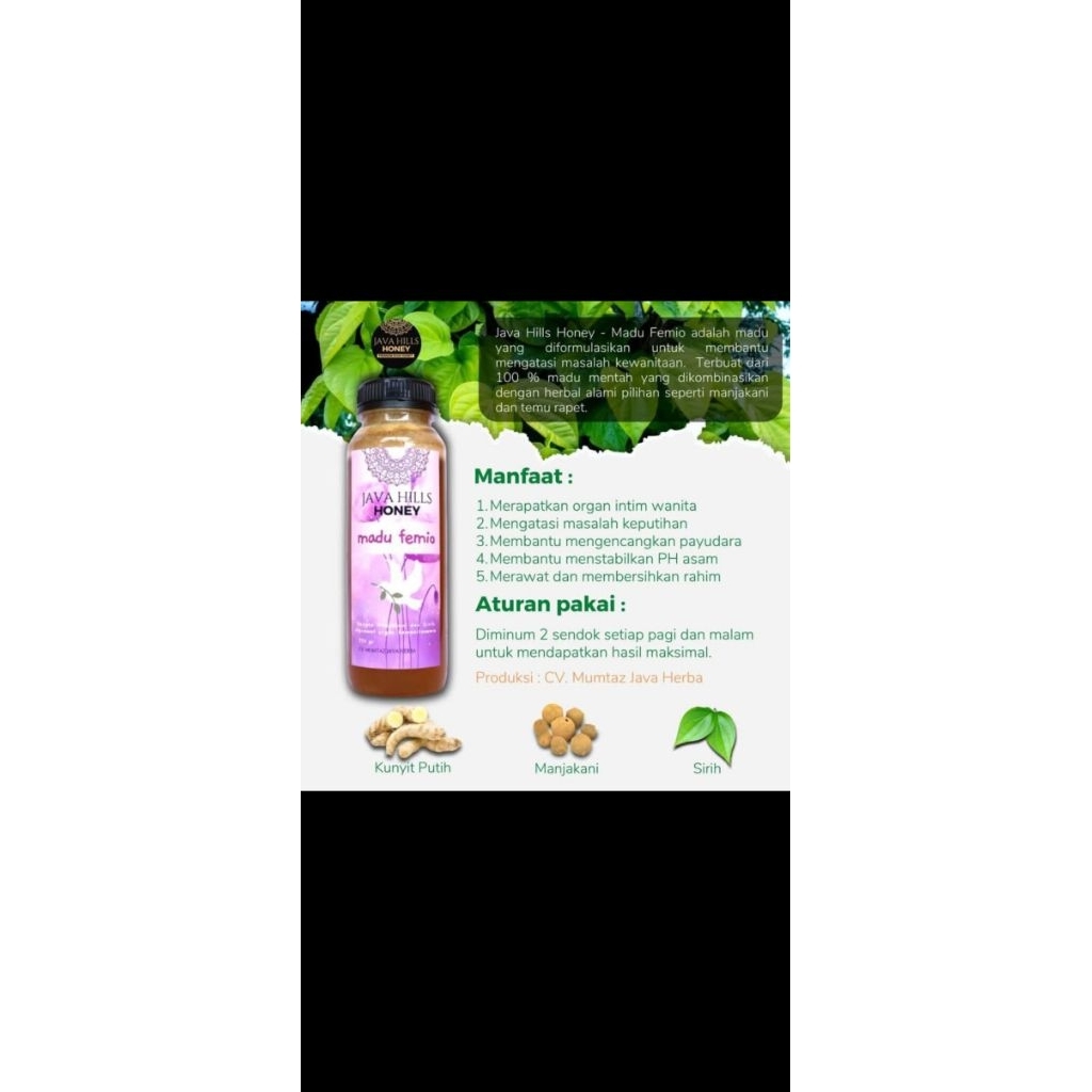 

Madu Femio khusus wanita untuk miom kista keputihan dan segala penyakit kewanitaan