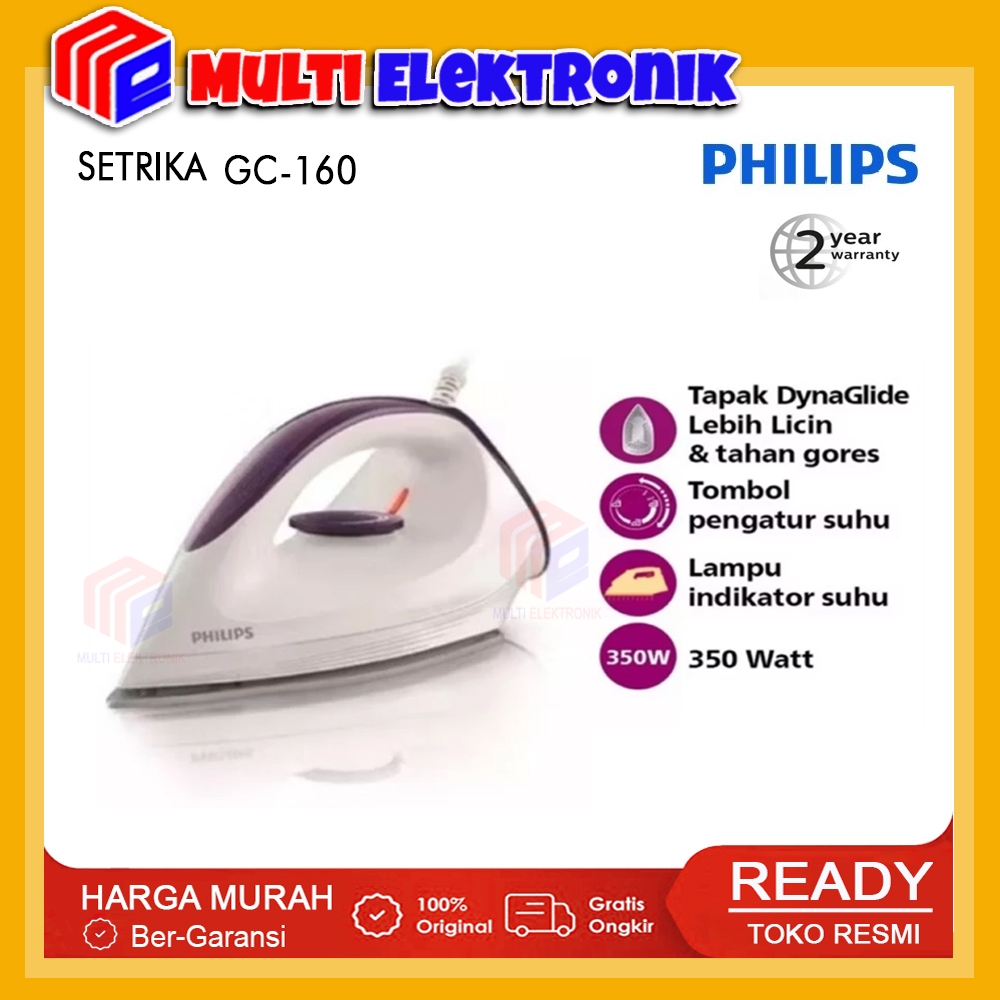 Philips Setrika Kering Afinia GC160/27 Putih Ungu Tapak Lebih Licin
