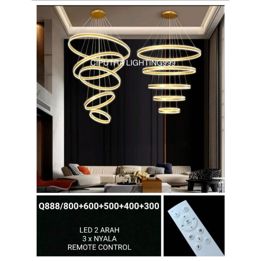 LAMPU GANTUNG HIAS VOID TANGGA MINIMALIS MODERN 5 RING 2 ARAH CAHAYA LED ATAS DAN BAWAH 5 RING MEWAH