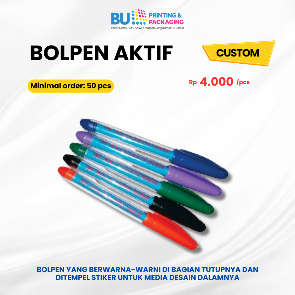 

Bolpen Aktif Custom Desain | Pulpen Warna Tutup + Stiker Branding