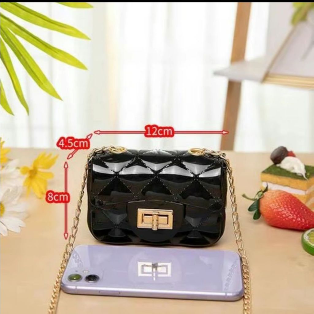 35 TAS SLING BAG WANITA JELLY KECIL MINI POLOS WARNA HITAM RANTAI GOLD