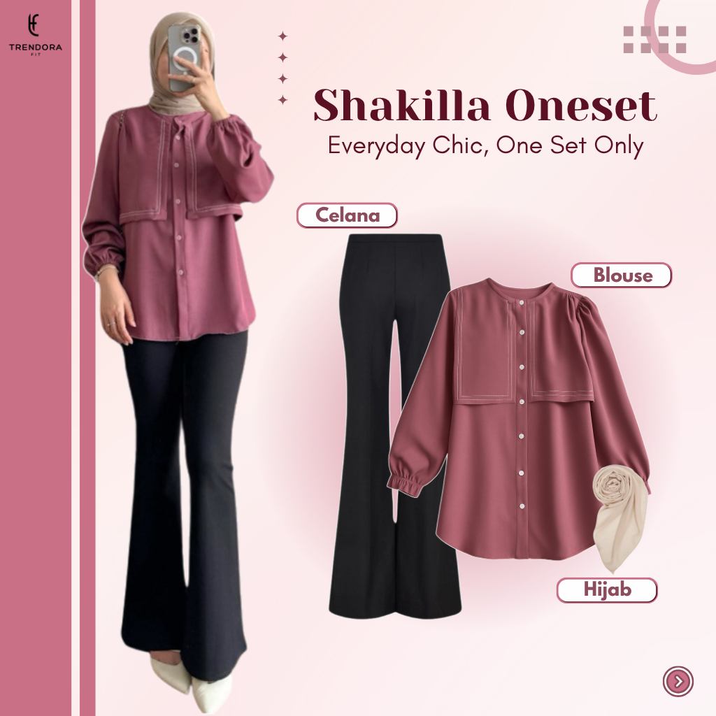 One Set Baju Kerja Wanita Kantor Kekinian (Blouse Shakila + Celana Cutbray + Hijab Segi Empat) TF40