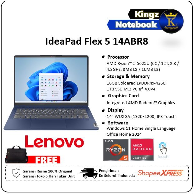 Lenovo Flex 5 Ryzen 5 5625u 16GB 1TB SSD Win11+Office 2024 14" FHD Touch