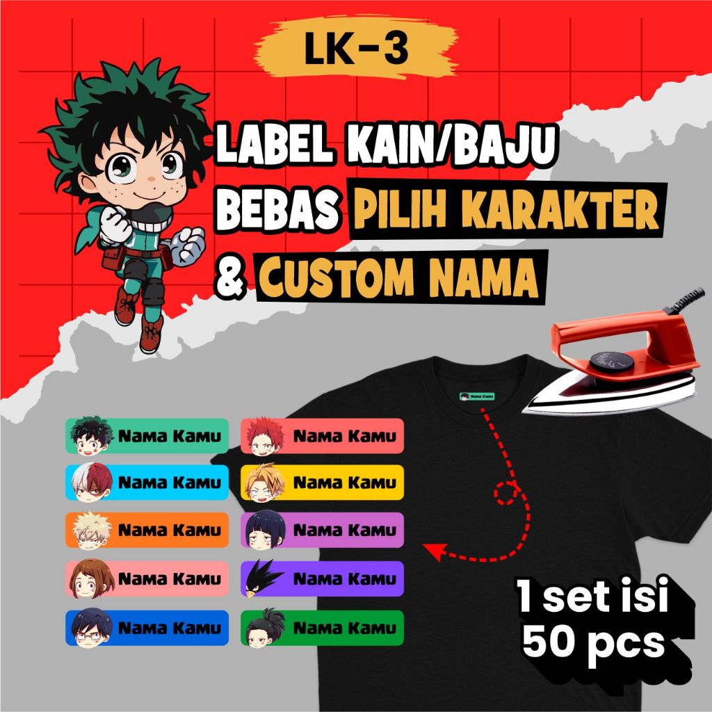 

Label Kain Stiker Baju Karakter Anime My Hero Academia isi 50 Pcs Bisa Custom Nama LK3