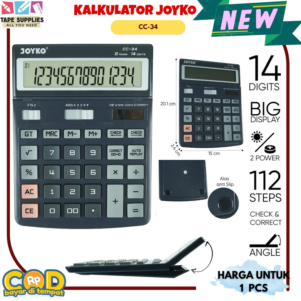 

Kalkulator Joyko CC‑34 14 Digit Dual Power Check & Correct 112 Langkah Replay