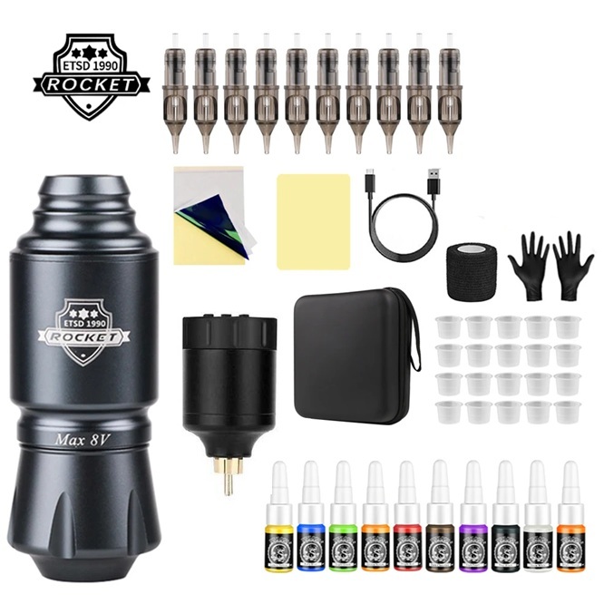 Full Set Mesin Tato Baterai External Rechargeable Tattoo Machine Travel Kit Portable dengan Tinta