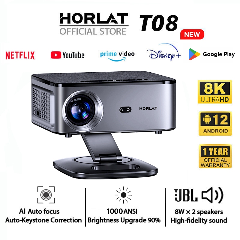 Horlat T08 wifi Proyektor 8K UHD HighBright 1000ANSI 360 Proyeksi Putar Android 12/8W*2 speaker JBL