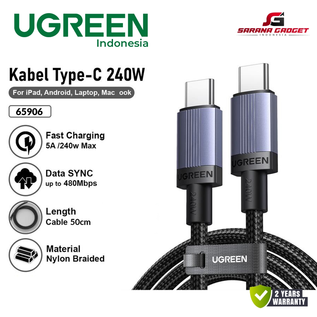 UGREEN 65906 Kabel Data Pendek Type C To Type C PD Super Fast Charging 2.0 5A 240W 50CM Cable Tipe C