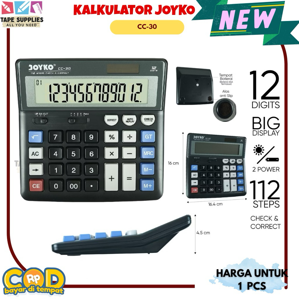 

Kalkulator Meja Joyko CC-30 12 Digit Solar + Baterai Check & Correct
