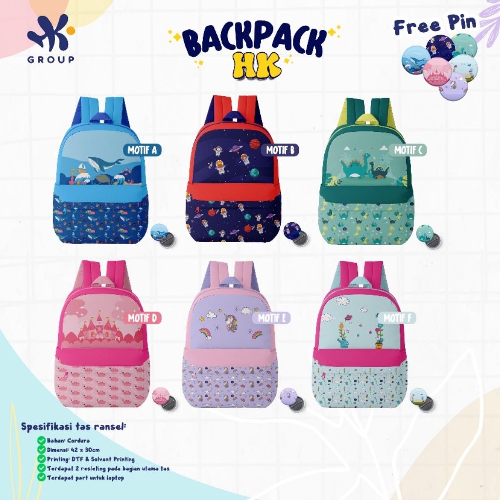 Hk Group Tas Sekolah Anak Unisex Backpack Hk Premium [Close❌] Free Pin Dilengkapi Ruang Laptop /Terb