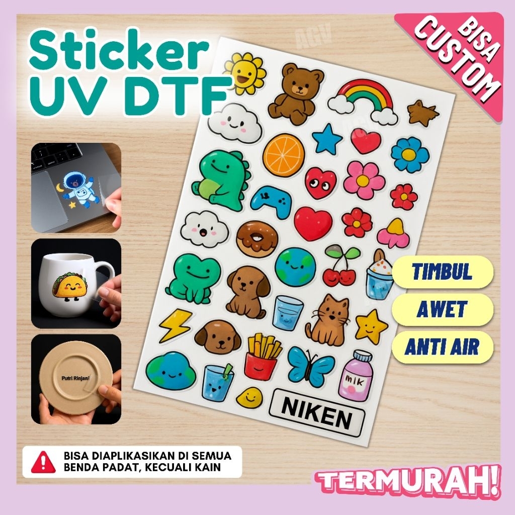 

Custom Stiker Timbul UV DTF Premium | Cetak Stiker UV DTF | Custom Nama Logo Desain Suka-Suka | Stiker Glossy Tahan Air & Anti Gores | Stiker Gelas | Stiker Botol | Stiker Laptop | Stiker Casing HP | Stiker Helm, Motor, Akrilik, Souvenir & Merchandise