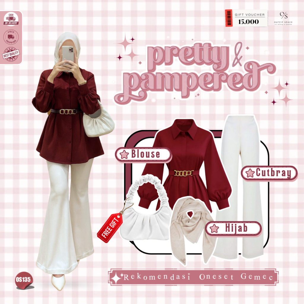 OUTFITSPCAE - Ootd Wanita Kekinian | Shoulder Bag Kerut Putih , Hijab Cream, Kemeja Rantai Merah ,Ce