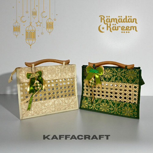 

KAFFA_CRAFT - Tas Hampers Lebaran Kain Songket Handle Kayu Kombinasi Anyaman Bambu Bungkus Kemasan Tas Kado Hari Raya Idul Fitri / Tas Hampers Lebaran