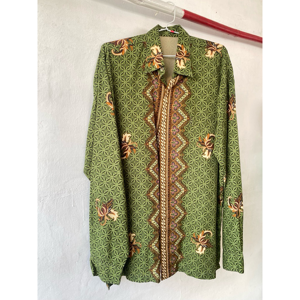 Batik Premium Kemeja Lengan Panjang Dengan Kancing Berkerah Pria Pakaian Unisex Hijau Coklat Green M