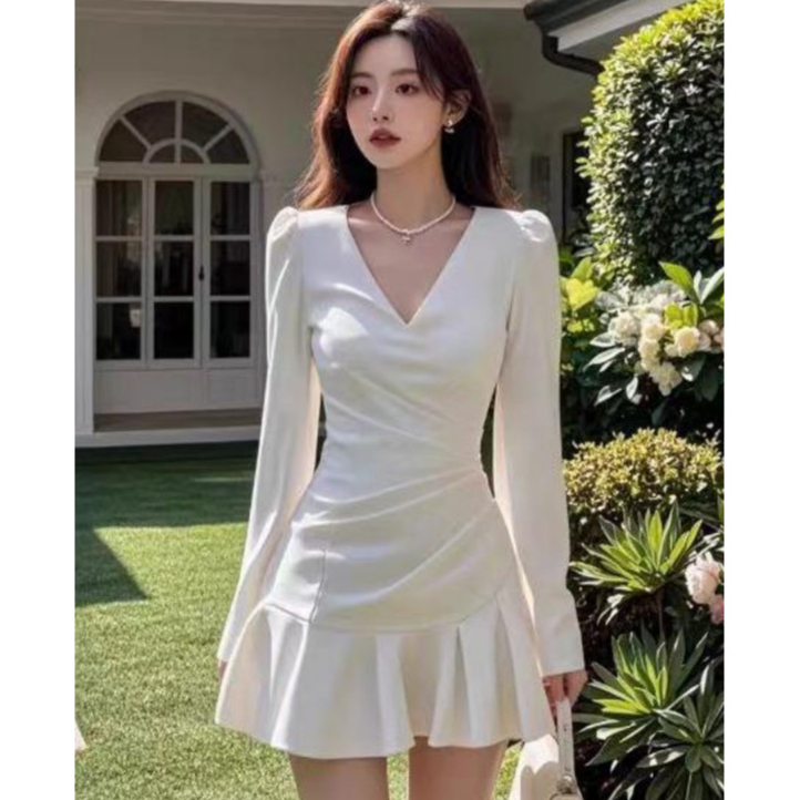 baju putih mini sexy dress cantik wanita lengan panjang dress press body kekinian casual korean styl