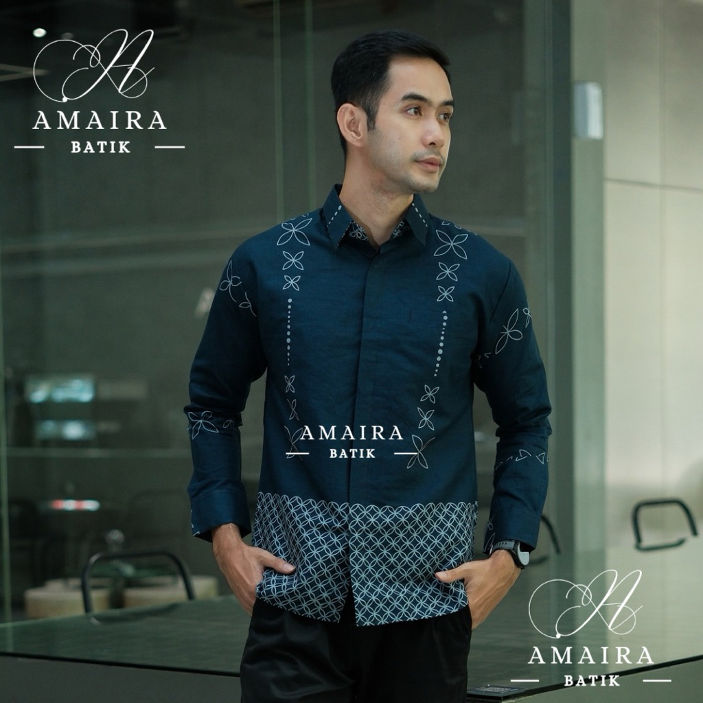 AMAIRA BATIK Perdana Biru EMERALD Kemeja Batik Pria Slimfit Full Furing Baju Batik Pria Dewasa premi