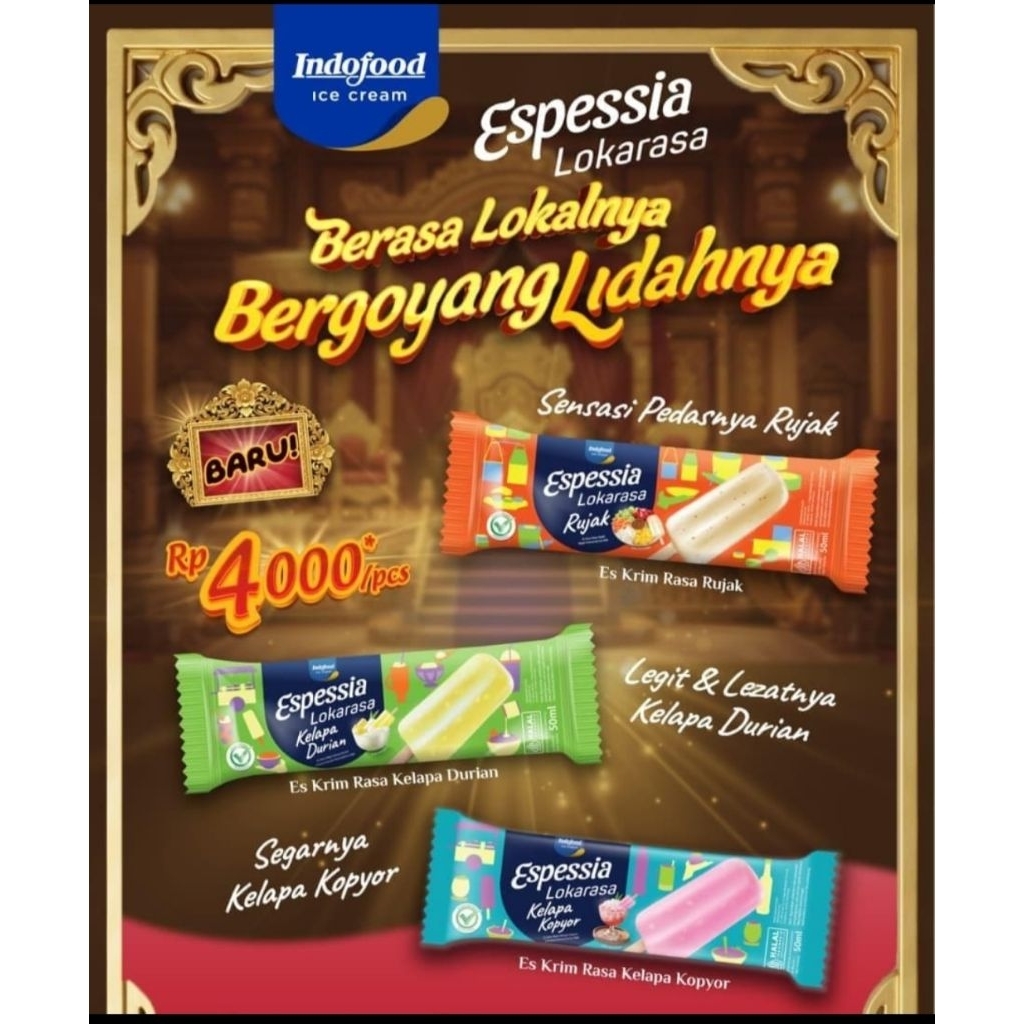 

Es krim Espessia Lokarasa isi 40pcs/bisa mix rasa rujak+kelapa durian (xpired 2027)