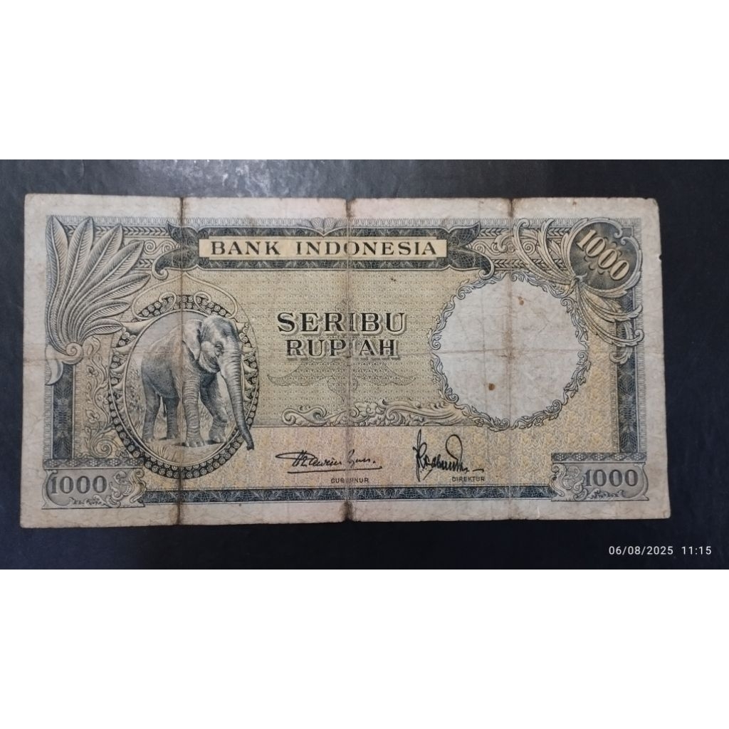UANG KUNO 1000 RUPIAH SERI HEWAN GAJAH TAHUN 1957 LANGKA