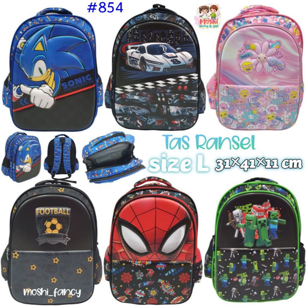 Tas Sekolah Anak SD Laki-Laki Boy Motif Sonic Racing Car Spiderman Minecraft Flower /Tas Ransel Seko