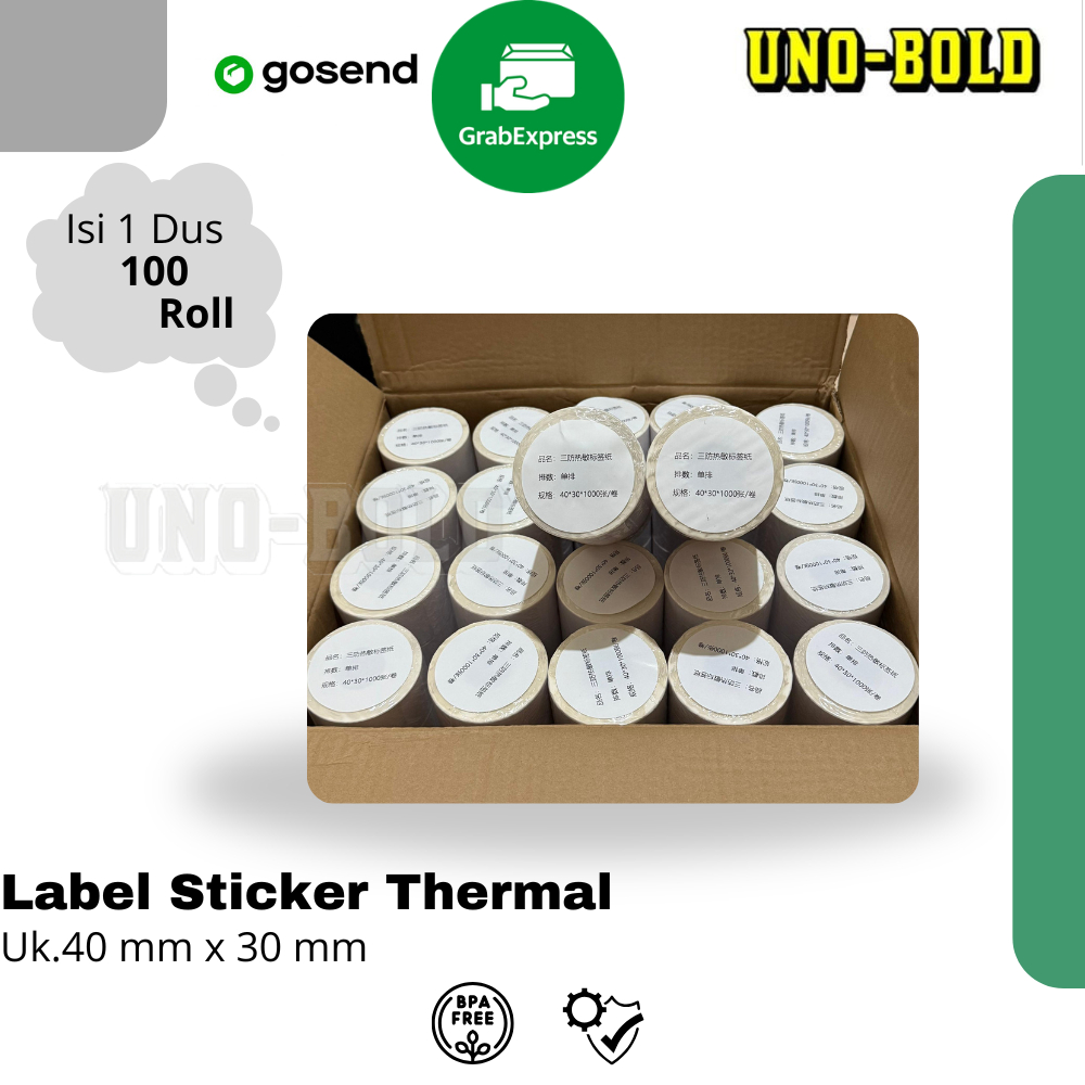 

LABEL STICKER THERMAL & CONTINOUS PAPER THERMAL 40 X 30 mm" isi 1000pcs (1dus isi 100 Roll)