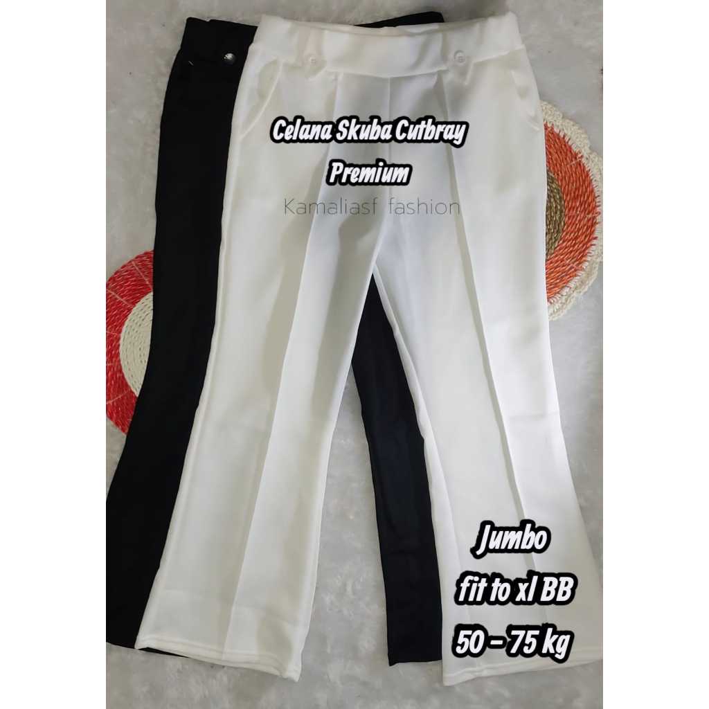 Celana Panjang Skuba Cutbray Wanita Premium Hitam Putih Pants Cutbray  Scuba Jumbo