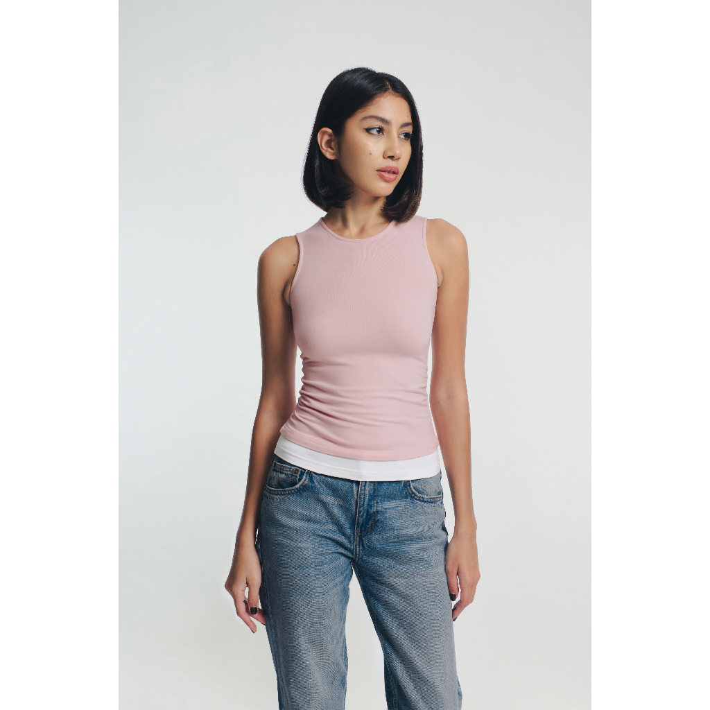 GOENA Daria White Trim Ruched Sleeveless Top