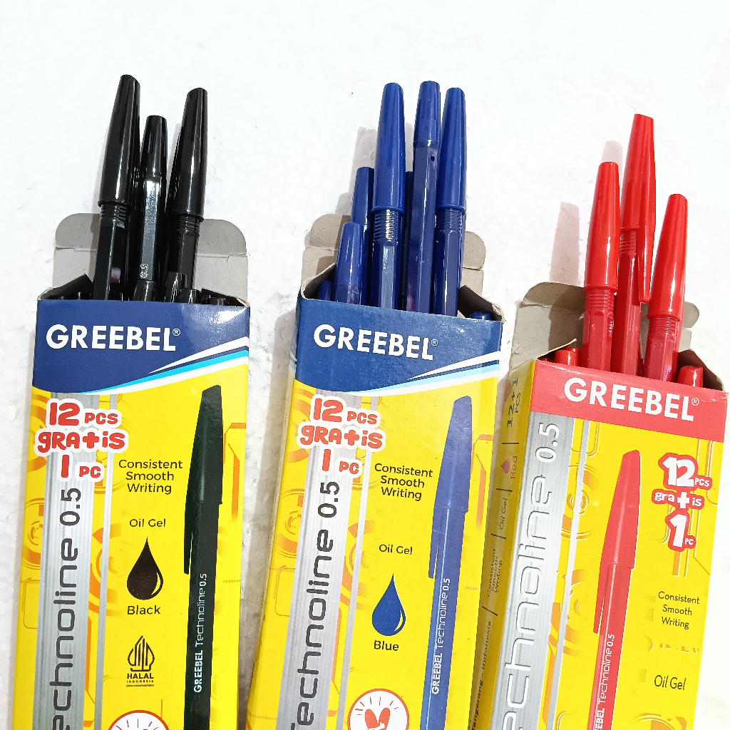 

Pulpen Greebel Technoline 0.5mm – 1 Box Isi 12 Gratis 1 pc – Pena Gel Warna Hitam,Biru dan Merah