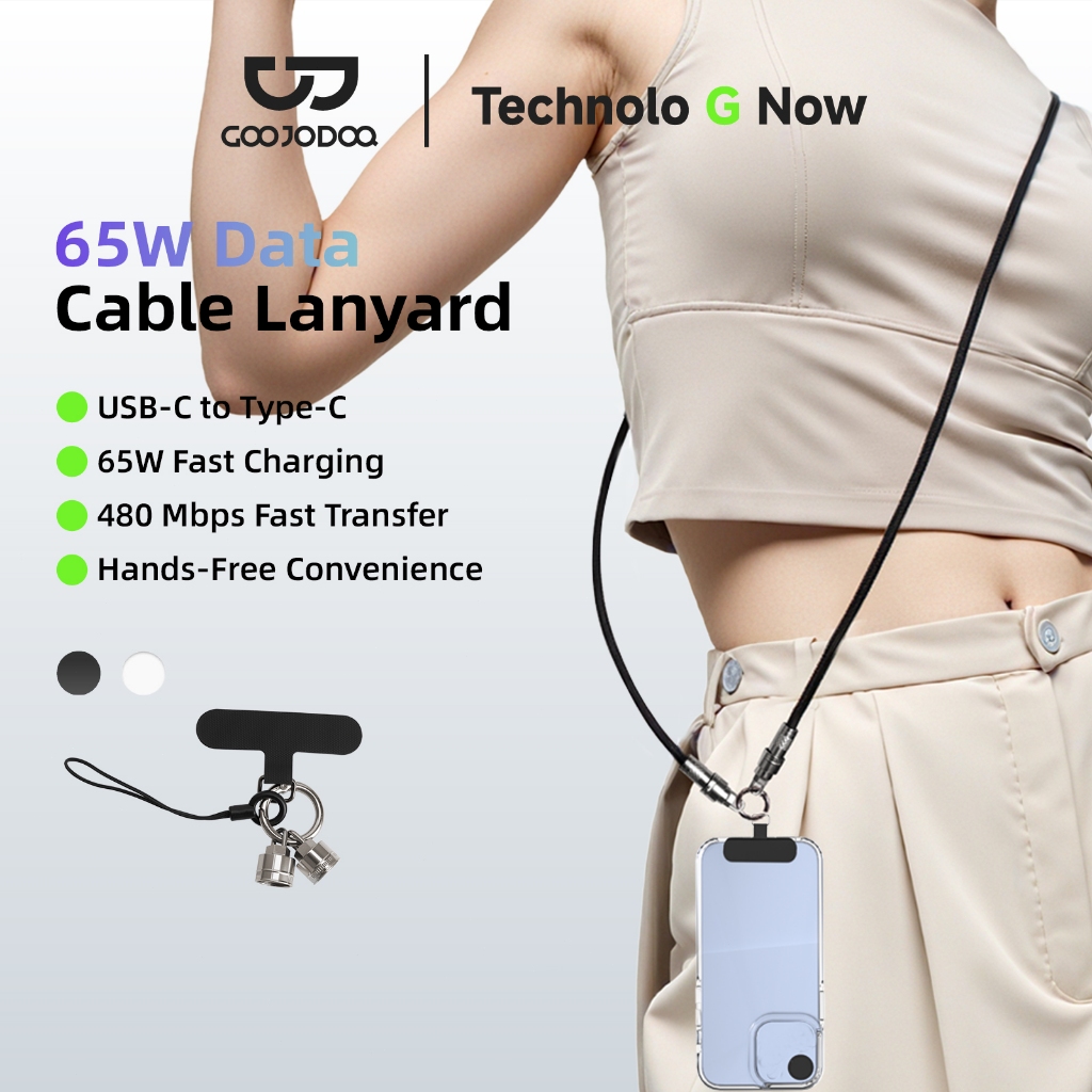 Goojodoq 2-in-1 Tali Lanyard & Kabel Data  65W fast charging cable USB-C to Type-C Cable For HP Earp