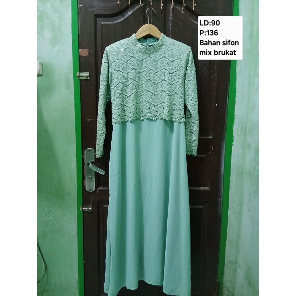 l(COD)Baju pesta/Dress muslim brukat sifon/dress brukat kebaya wanita warna hijau mint