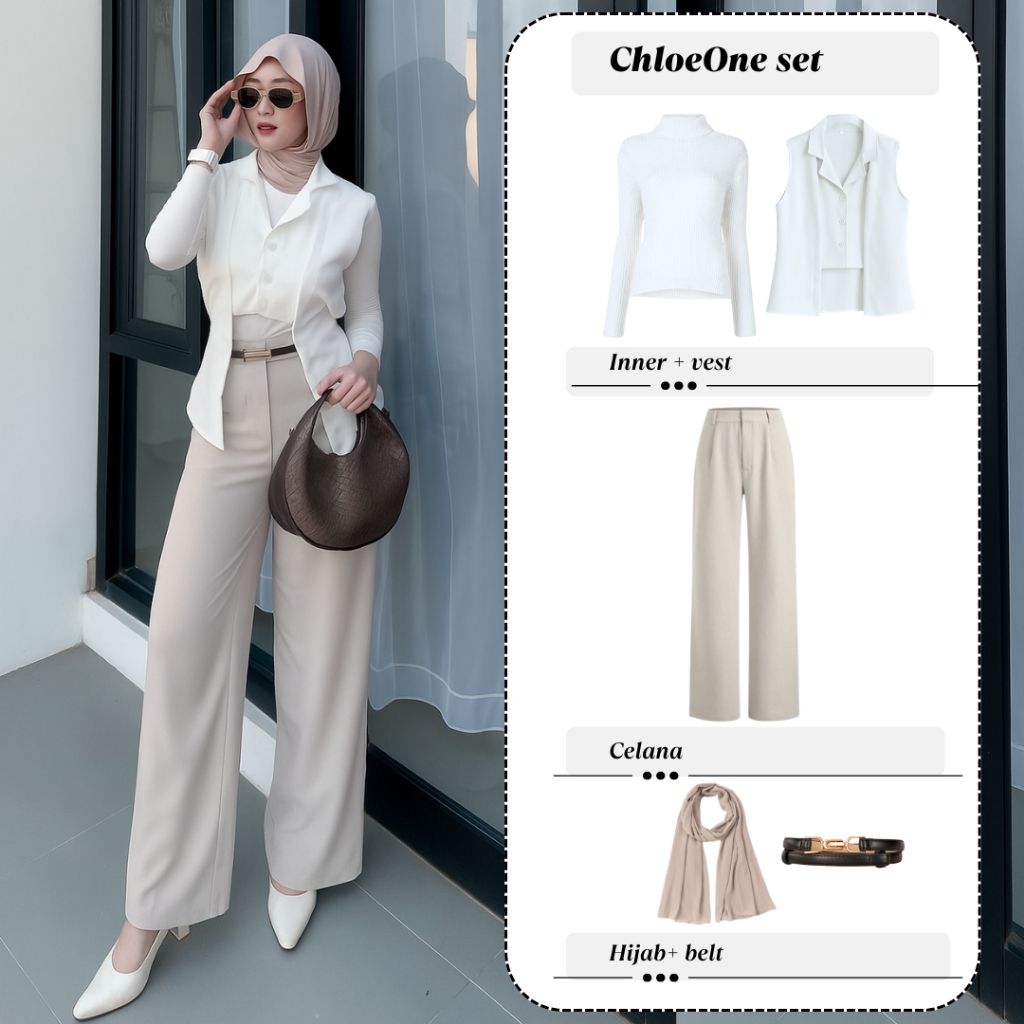 Chloe Setelan Hijab Modis Wanita Vest Kekinian Elegan Celana Kulot Kantoran One Set Outfit Muslimah