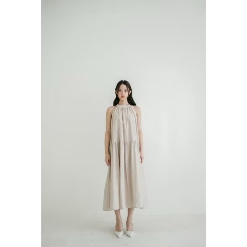 Preloved (NEW) Oro Stores Alina Dress Katun Freesize Desain Elegan in Mocca Khaki Brown Cream / Dres