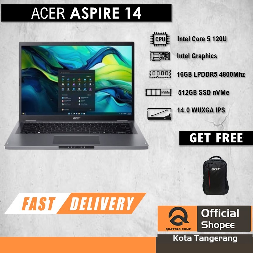ACER ASPIRE 14 CORE I5 120U 16GB 512GB W11+OHS 14.0WUXGA IPS GRY -51M.5296