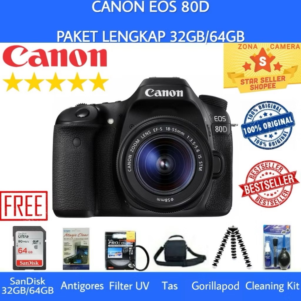 CANON EOS 80D / CANON 80D KIT 18-55MM IS STM - PAKET LENGKAP