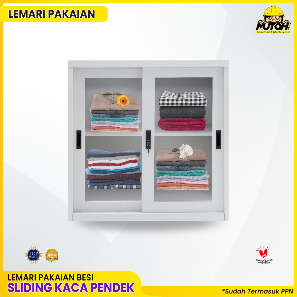 Lemari pakaian PENDEK pintu kaca sliding lemari baju bahan besi 85 cm lemari kamar lemari baju IMP-8