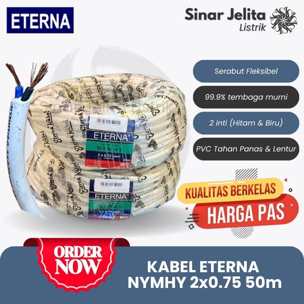 Kabel ETERNA NYMHY 2x0.75mm ROLL 50 METER | Kabel Serabut NYMHY 2x0,75 | Kabel ETERNA Putih Serabut