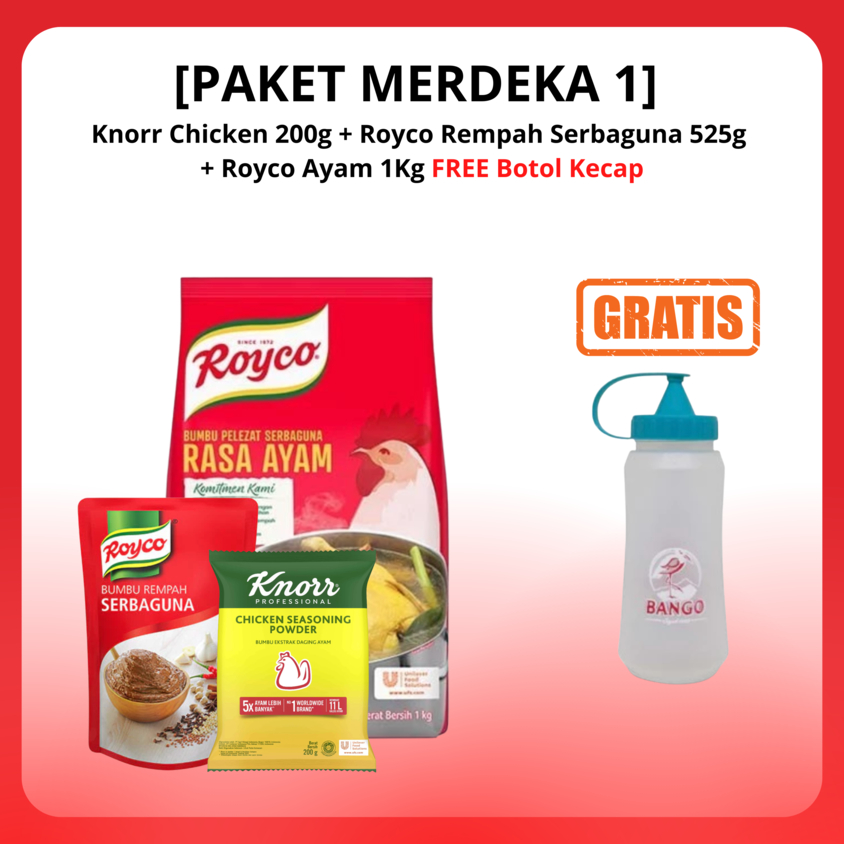 

[PAKET MERDEKA 1] Knorr Chicken 200g + Royco Rempah Serbaguna 525g + Royco Ayam 1Kg FREE Botol Kecap