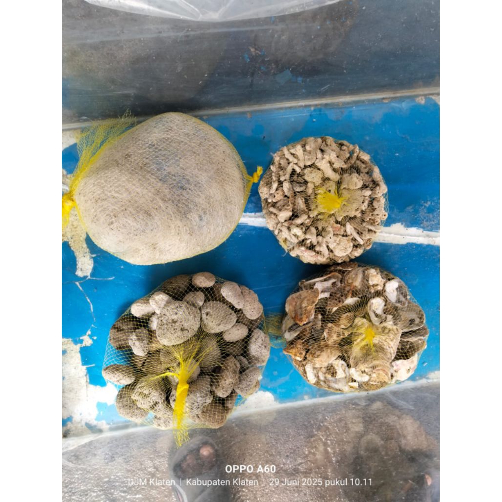 Paket Media Filter Aquarium Kemasan Praktis 3,2 kg (Jaring Nelayan, Cangkang Oyster, Batu Gombong, K