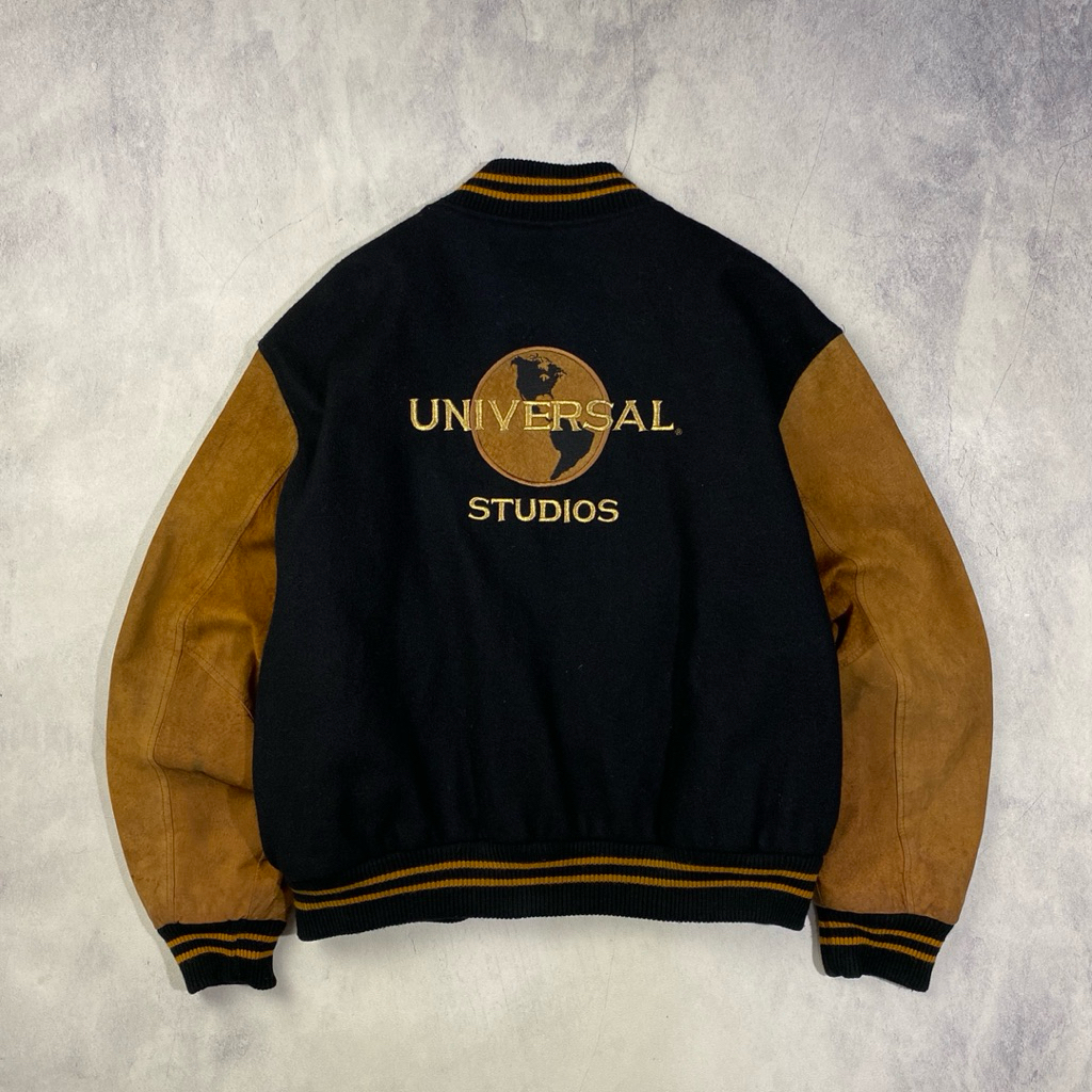 Vintage 90s Universal Studios Wool Leather Sleeves Varsity Jacket Casual Harrington Work Jacket