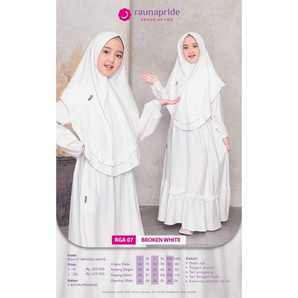 Baju Gamis Anak Putih Set Hijab - RGA 07 Broken White | Produk Original By Rauna