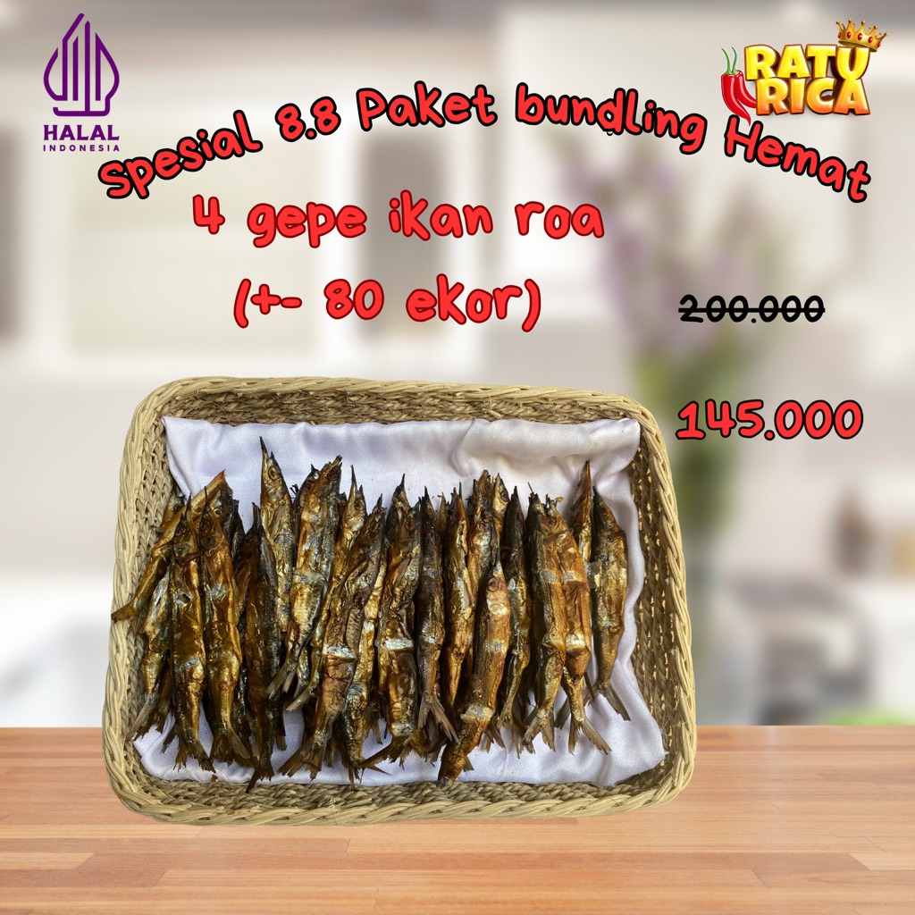 

ratu rica spesial 8.8 paket bundling hemat 4 gepe ikan roa asap asli manado
