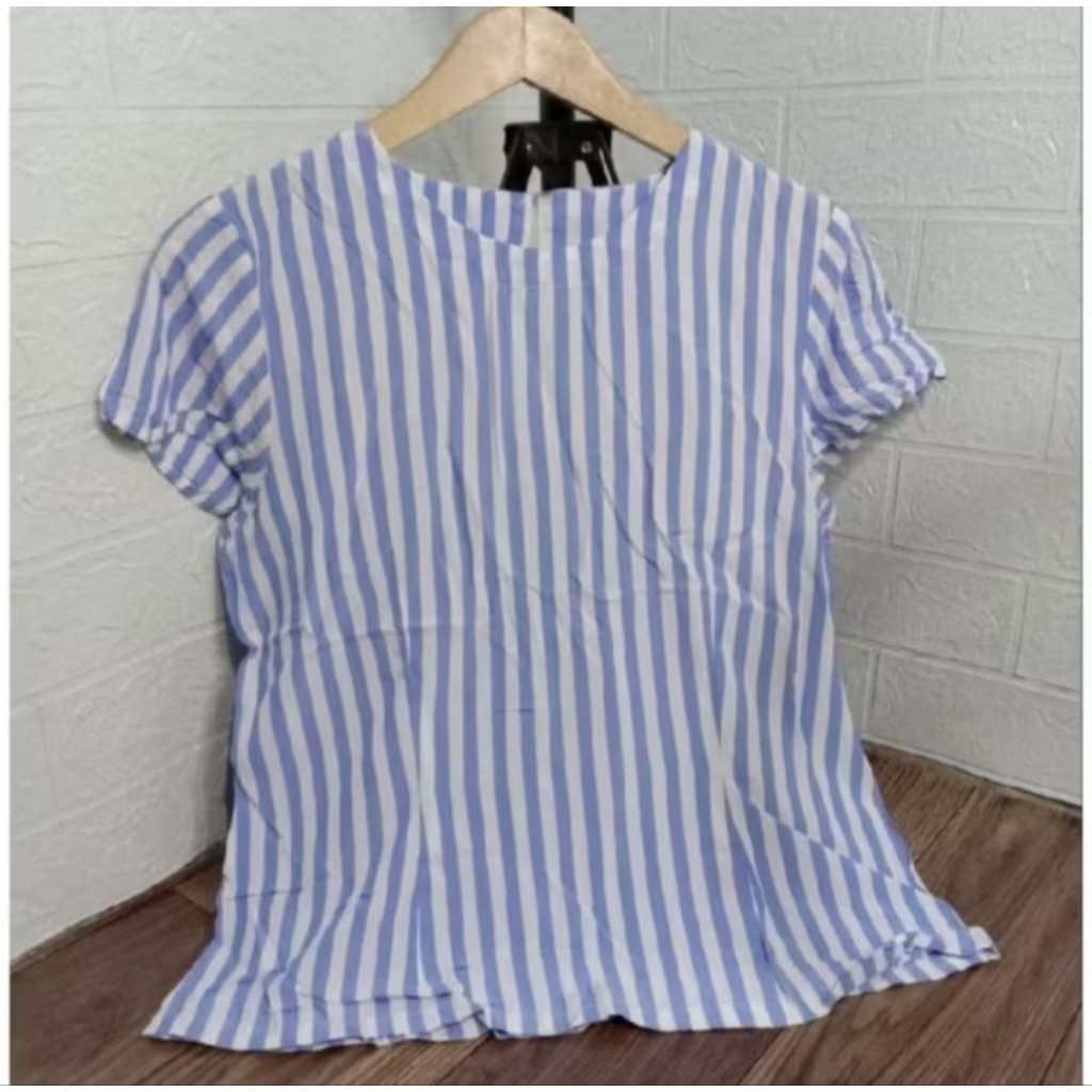 Blouse Wanita Old N*vy Stripped Lengan Pendek - Blouse Wanita Motif Garis Salur Biru Putih - Origina