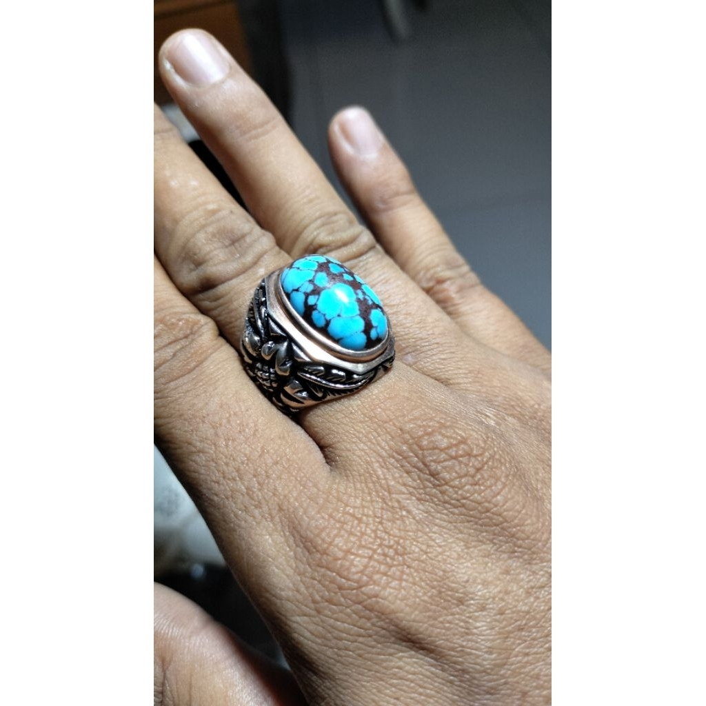 Cincin batu akik Pirus Mesir ring perak ukir
