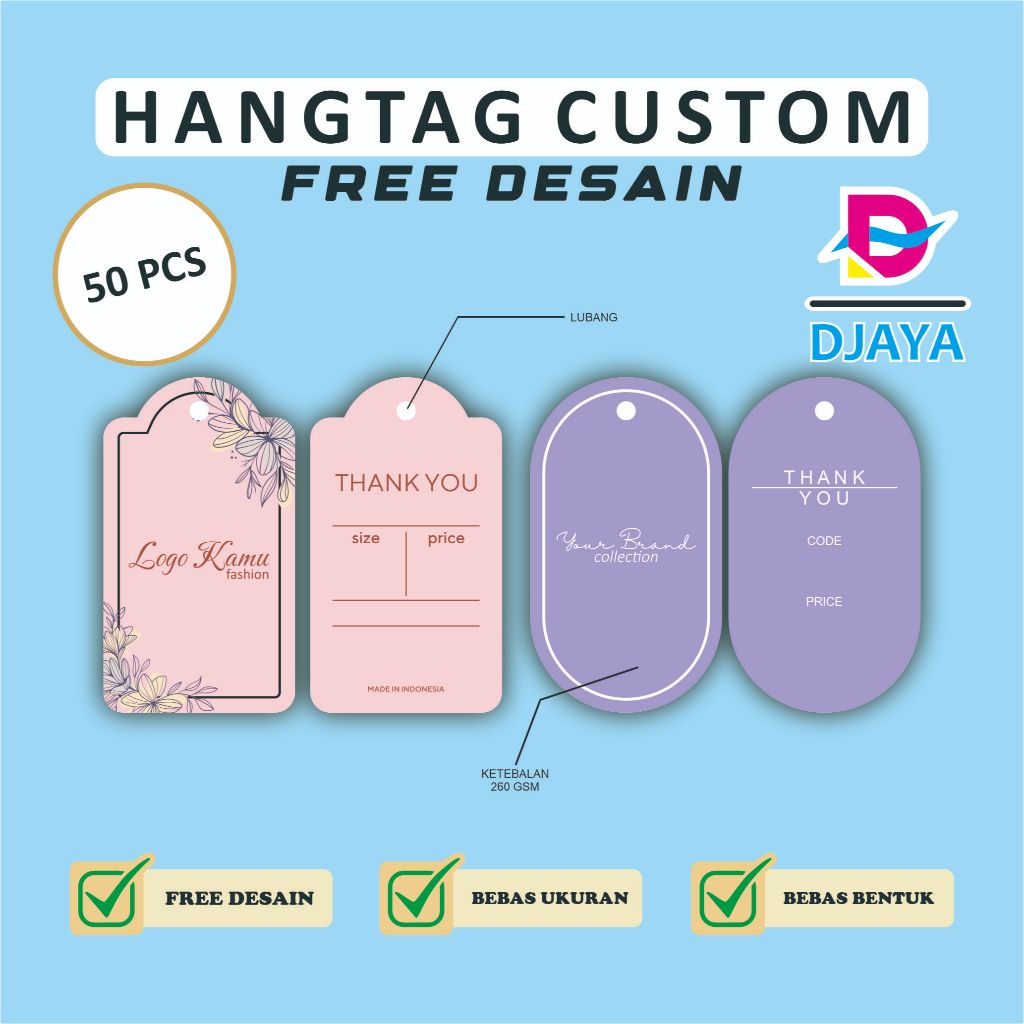 

(50pcs) hangtag 260gsm, merek menggantung, label tag, label hangtag, hangtag custom, label merek, cap merek,
